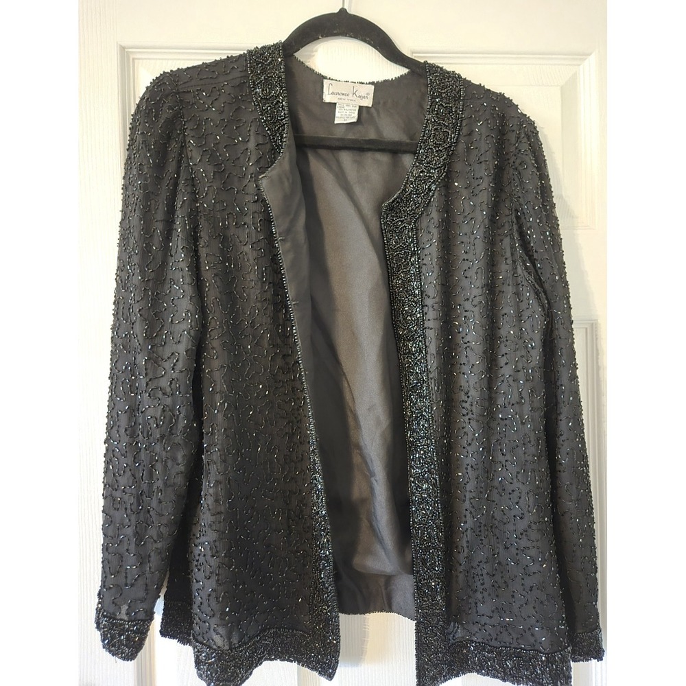Laurence Kazar Black Heavy Beaded Silk Jacket Size Medium 100% Silk
